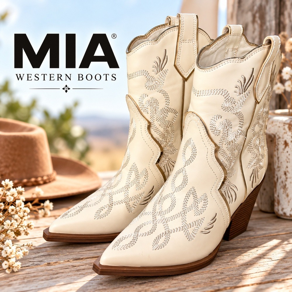 MIA Womens Western Ankle Boots Off White Embroidered Pointed Toe Size 7